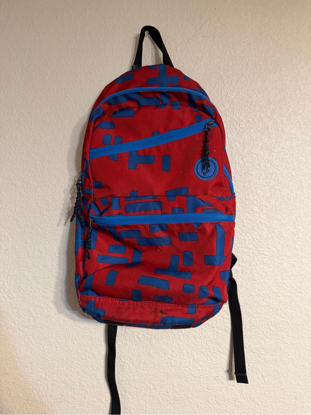 Volcom Red Backpack with Blue Geometric Print
